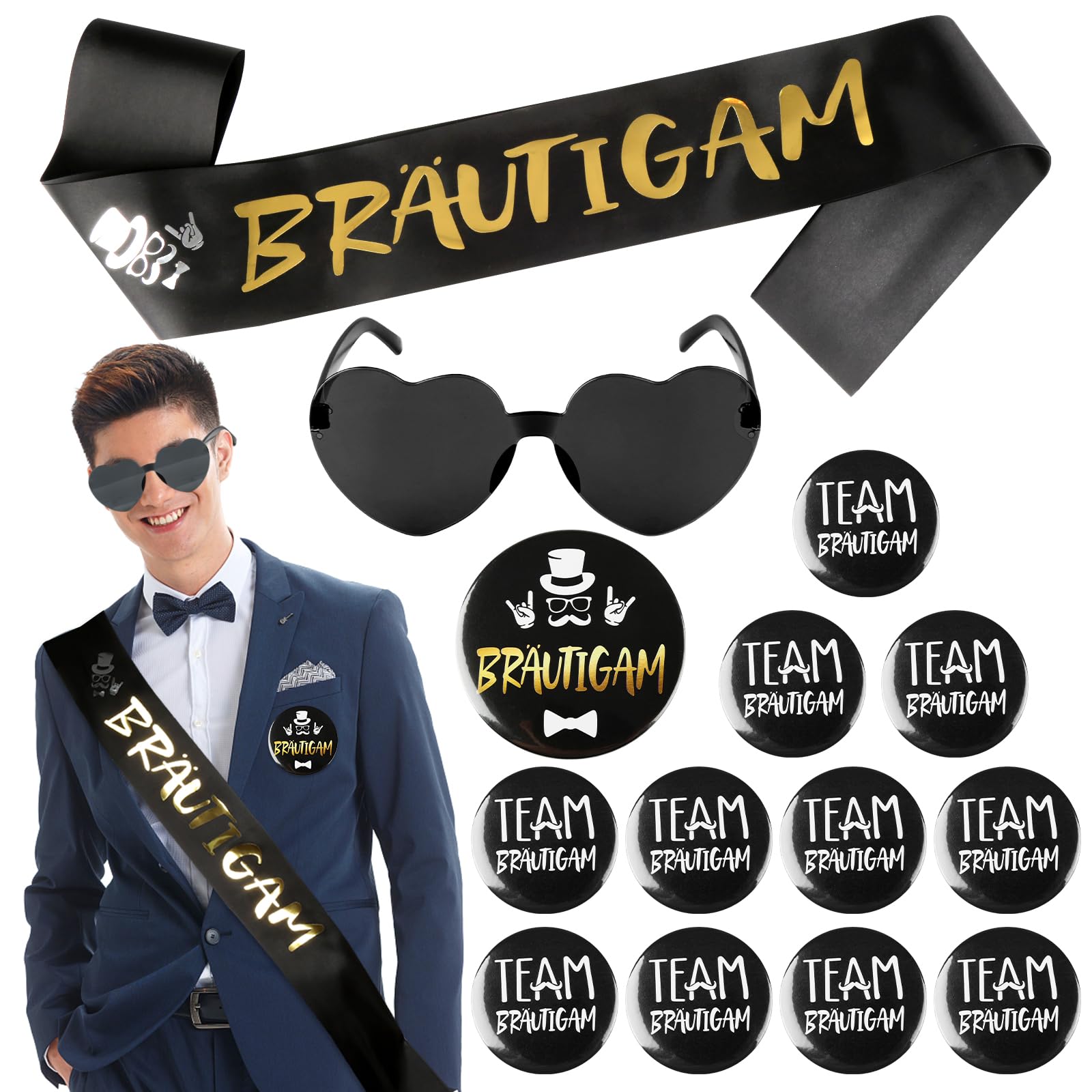 JGA Deko Männer Bräutigam Schärpe Abzeichen Button mit 11 Team Bräutigam Buttons 1 Brille Junggesellenabschied Männer Deko Bachelorette Party