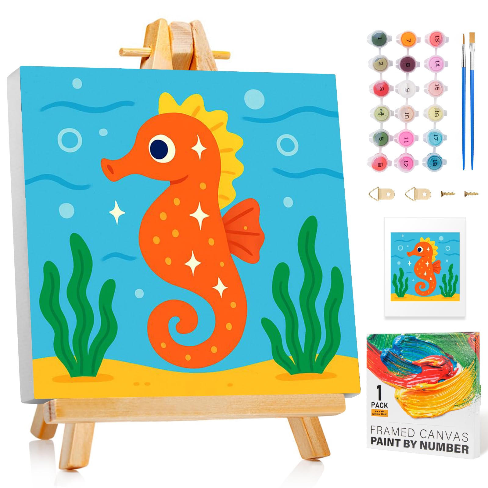GEEHEIY Paint by Numbers Kit for Kids with Frame - Without Easel, Seahorse Paint by Number for Kids Ages 4-8-12, DIY Acrylic Oil Painting for Home Wall Decor Gift (8 x 8 inch)