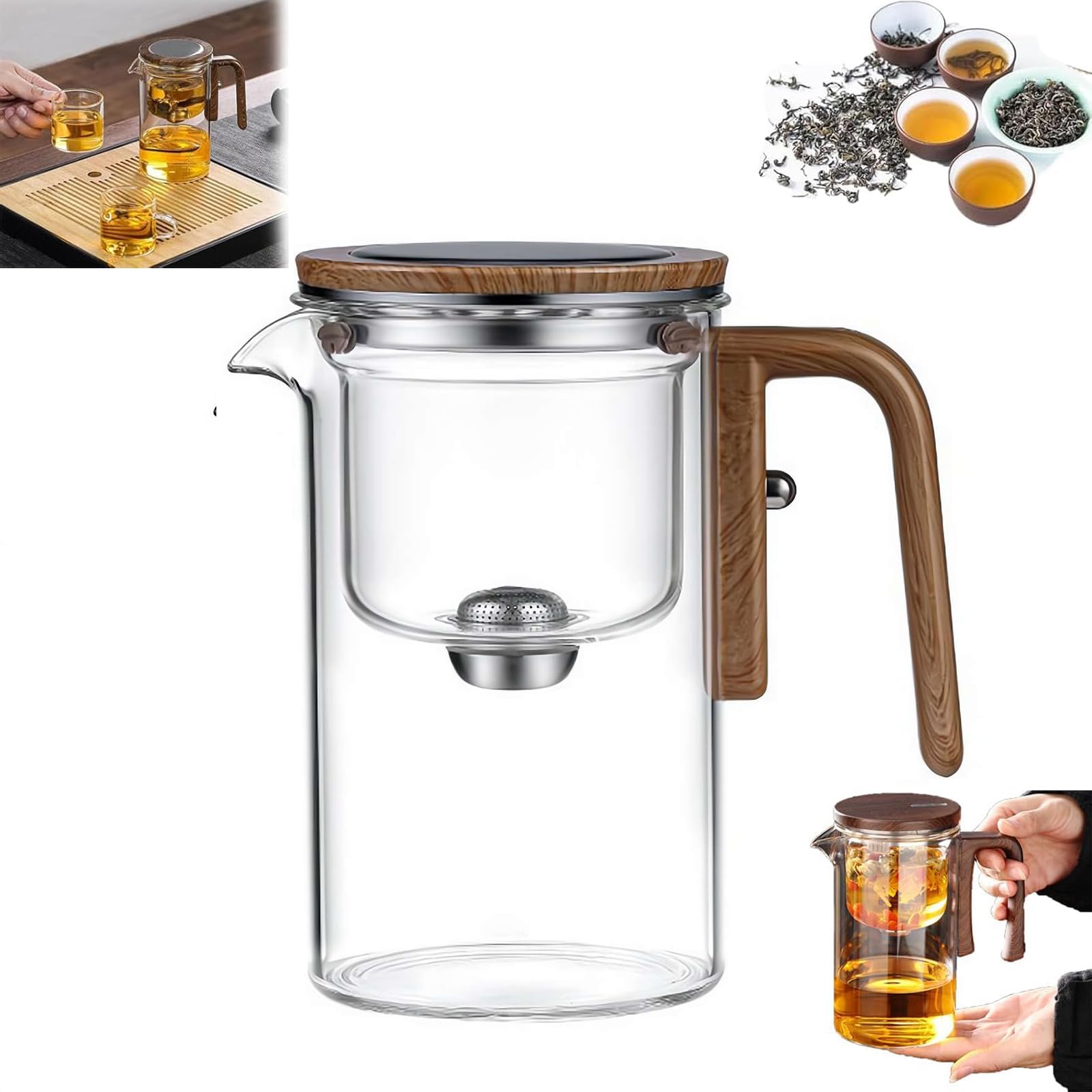 Teiera stregoneria, teiera incantata con controllo a pressione, teiera magica con infusore, teiera in vetro con colino, teiera magica 2 in 1 per tè sfuso, teiera magica in vetro con manico in legno