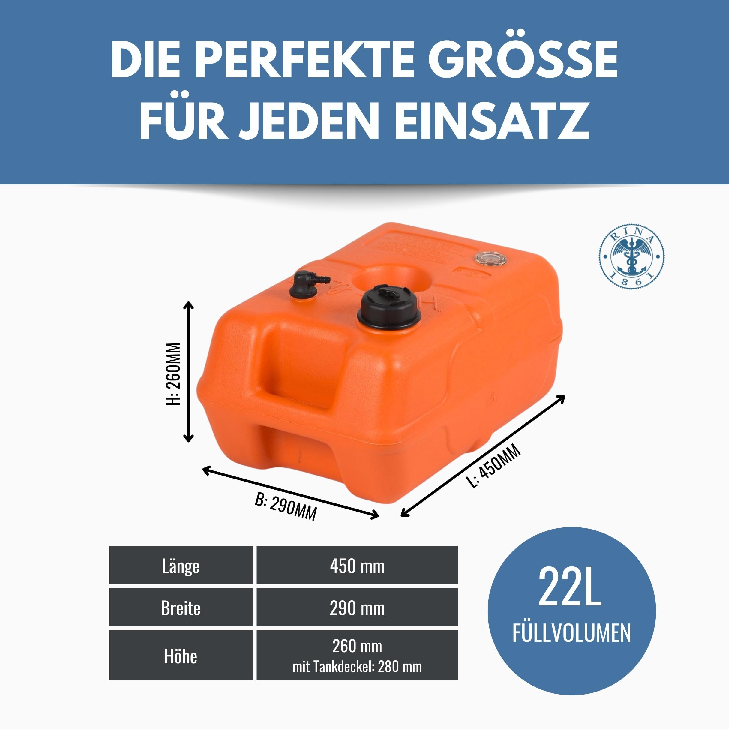 Benzintank Boot 22 Liter mit Tankanzeige – Komplettset mit Pumpball & 2,15-m-Benzinschlauch (bis 15 bar) – HDPE Kraftstofftank Außenborder, UV-beständig, Schnellkupplung