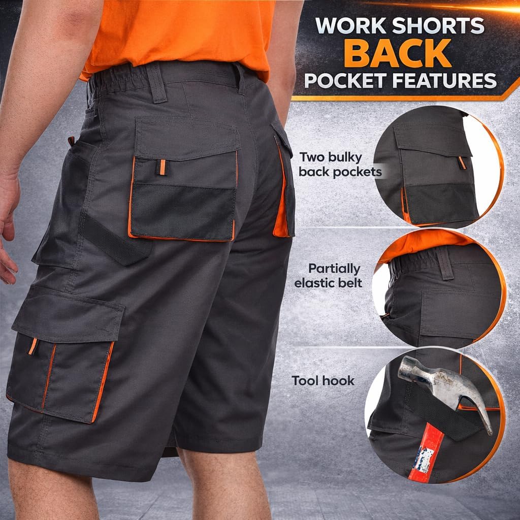 BWOLF Atlas – Short de Travail Homme Robuste avec Poches Multiples | Tissu Renforcé 600D | Gris/Orange