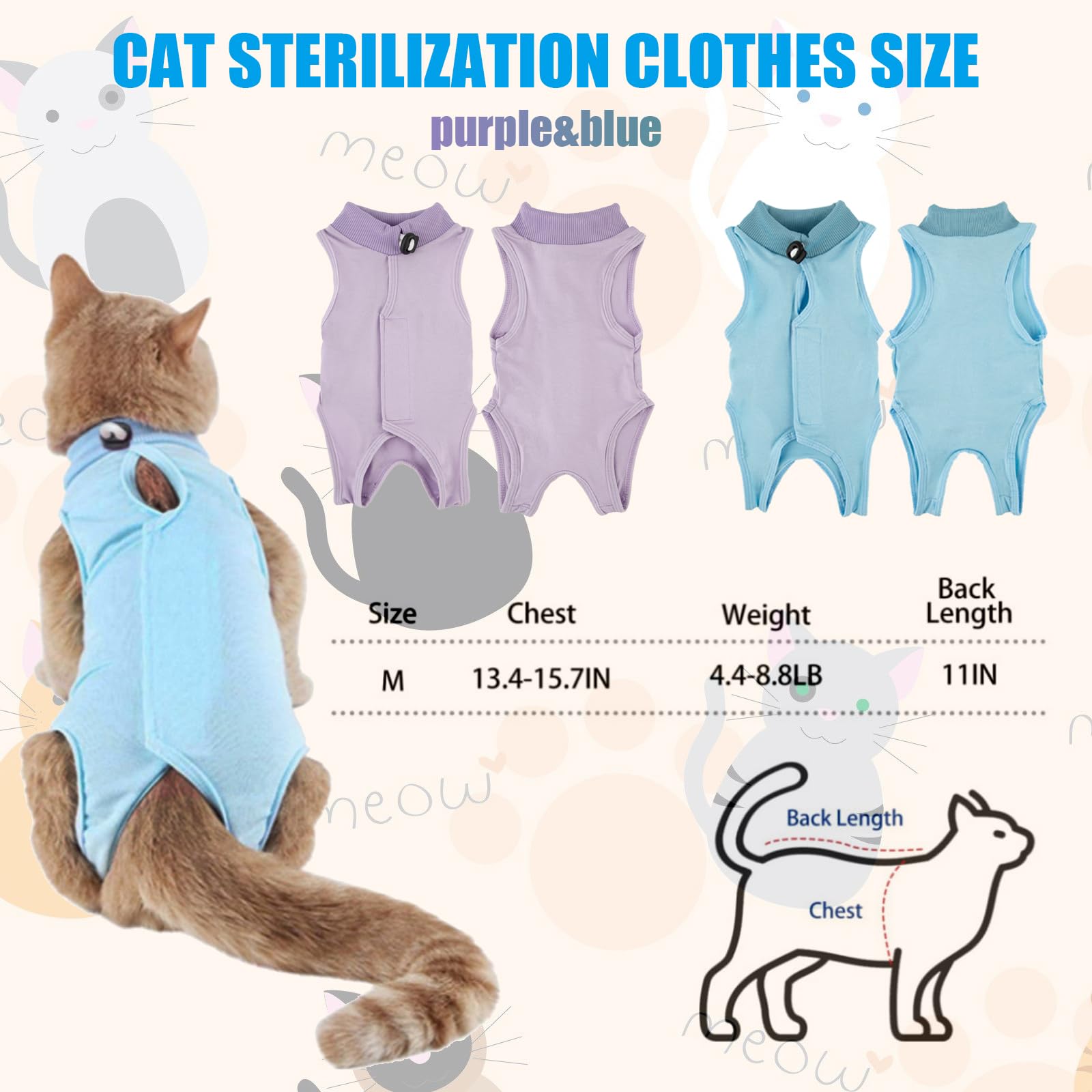 TYXHXTF 2Pcs Cat Recovery Suit, Cat Onesie, Pajama Suit, E-Collar Alternative for Cats After Surgery Wear (M) (Blue+Purple) - Image 3
