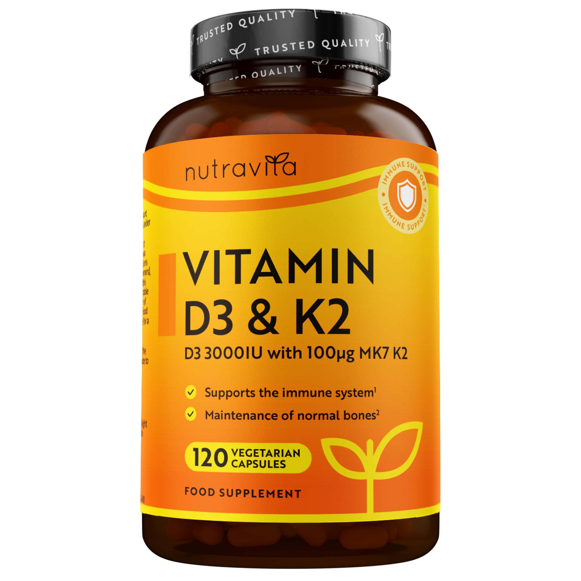 Vitamin D3 3000iu & K2 100ug (MK7) – 120 Vitamin D3 K2 Vegetarian Capsules – Supports Normal Bones, Muscles, Teeth and Immune System – Cholecalciferol & Menaquinone-7 – Made by Nutravita