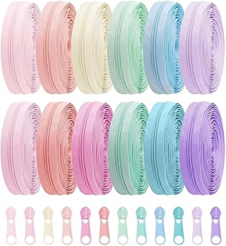 Sawoake 12 Pieces 36 Yards #5 Sewing Zippers Tapes by The Yard Nylon Coil Zipper Rolls Bulk with 120 Alloy Sliders for DIY Crafts Bags Repair and Sewing SuppliesMacaron Color