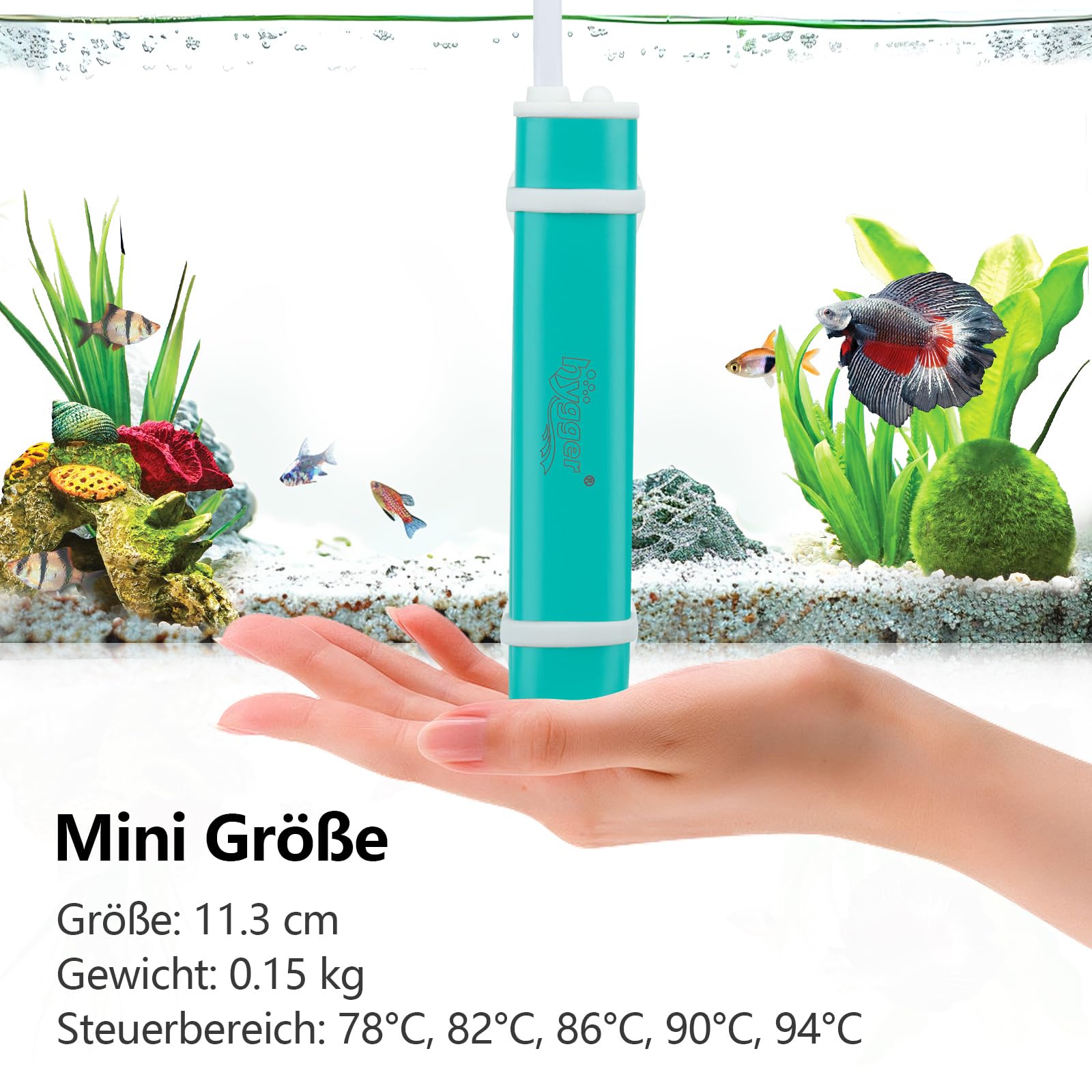 hygger Mały grzejnik do akwarium, 50 W, z przyssawkami, regulowany grzejnik akwariowy, mały pręt grzewczy do basenów z rybami, zabezpieczenie przed przegrzaniem