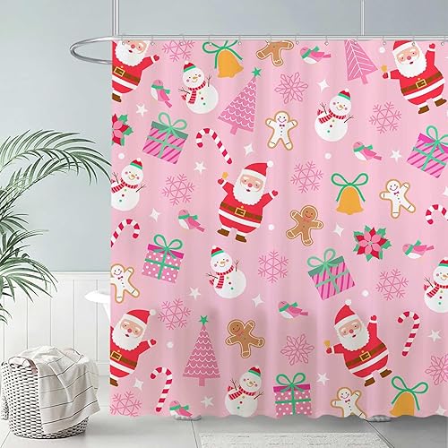 Miniatura 2 de Allenjoy Cortina de ducha de Navidad rosa de 72 x 72 pulgadas para niña, juego de baño de Feliz Navidad, invierno, Papá Noel, muñeco de nieve,