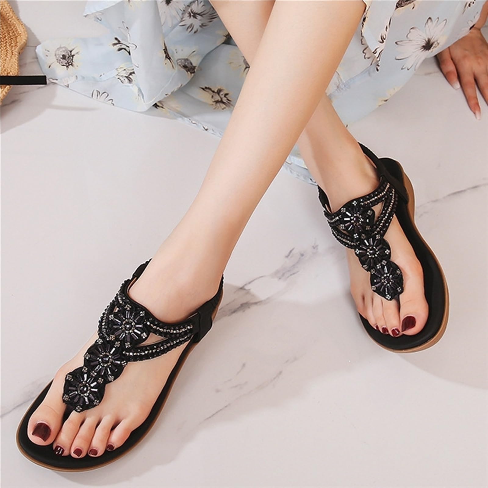Donna Pizzicare la punta del piede Sandali Strass Perline Boemo Vestito Ciabatte infradito Gladiatore Scarpe Comfort Punta aperta Elastico Cinghia Sandali