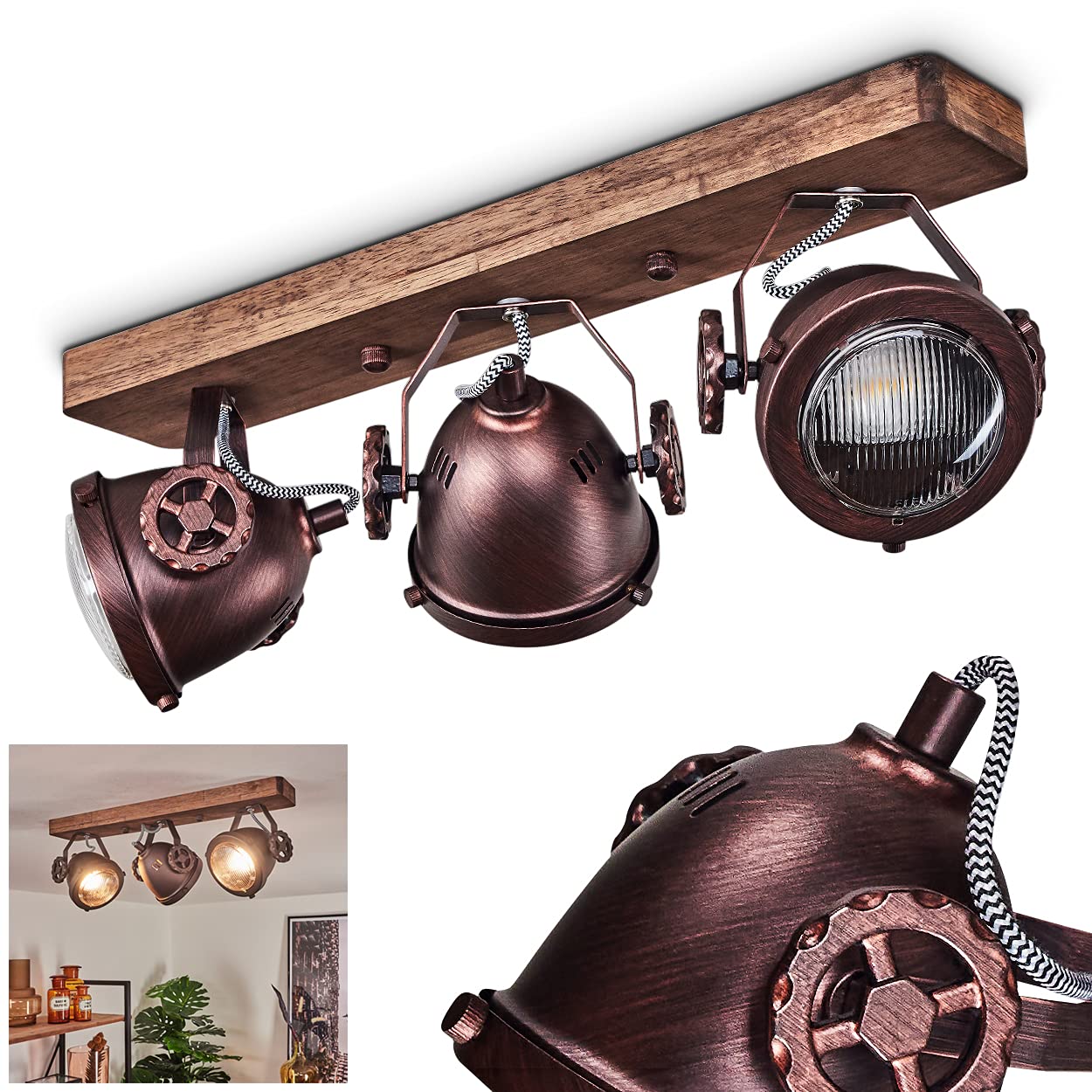 Ceiling lamp Herford, 3-Flame Room lamp in Metal and Wood in Brown and Rust with Glass lampshade, Spots are rotatable and tiltable, 3 x GU10, Without Bulbs