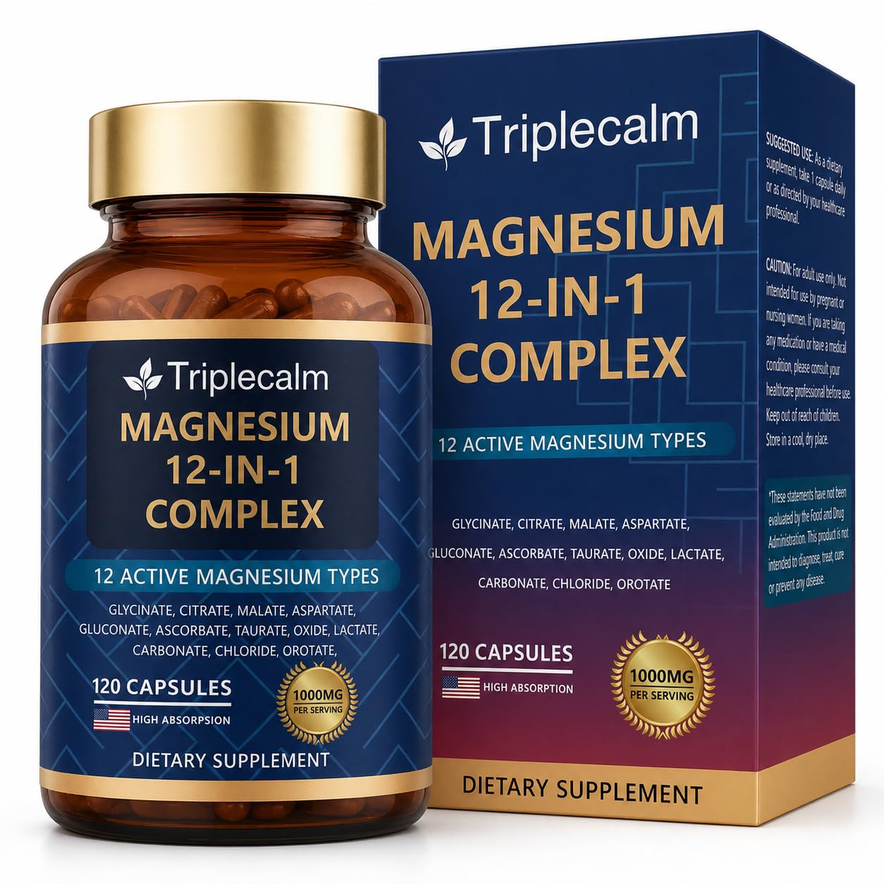 Magnesium Complex 12 in 1 for Women & Men, 1000mg High Absorption Magnesium Supplement with Glycinate, Citrate, Malate & Taurate, Supports Sleep, Muscle, Nerve & Relaxation, Vegan, 120 Capsules 1 Count (Pack of 120)