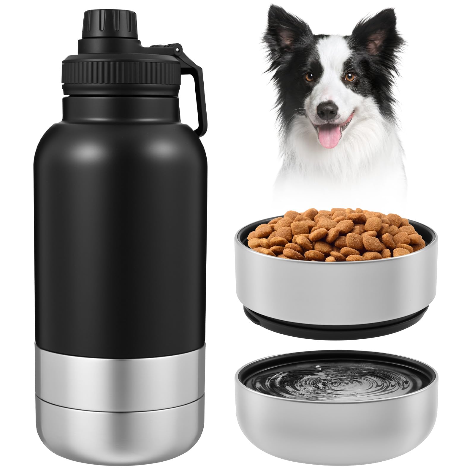 Alongen 3-in-1 Insulated Dog Water Bottle, 32oz Stainless Steel Travel Pet Flask with 2 Detachable Food Containers, Leakproof Multifunctional Dog Drinking Cup for Walking, Hiking, Outdoor