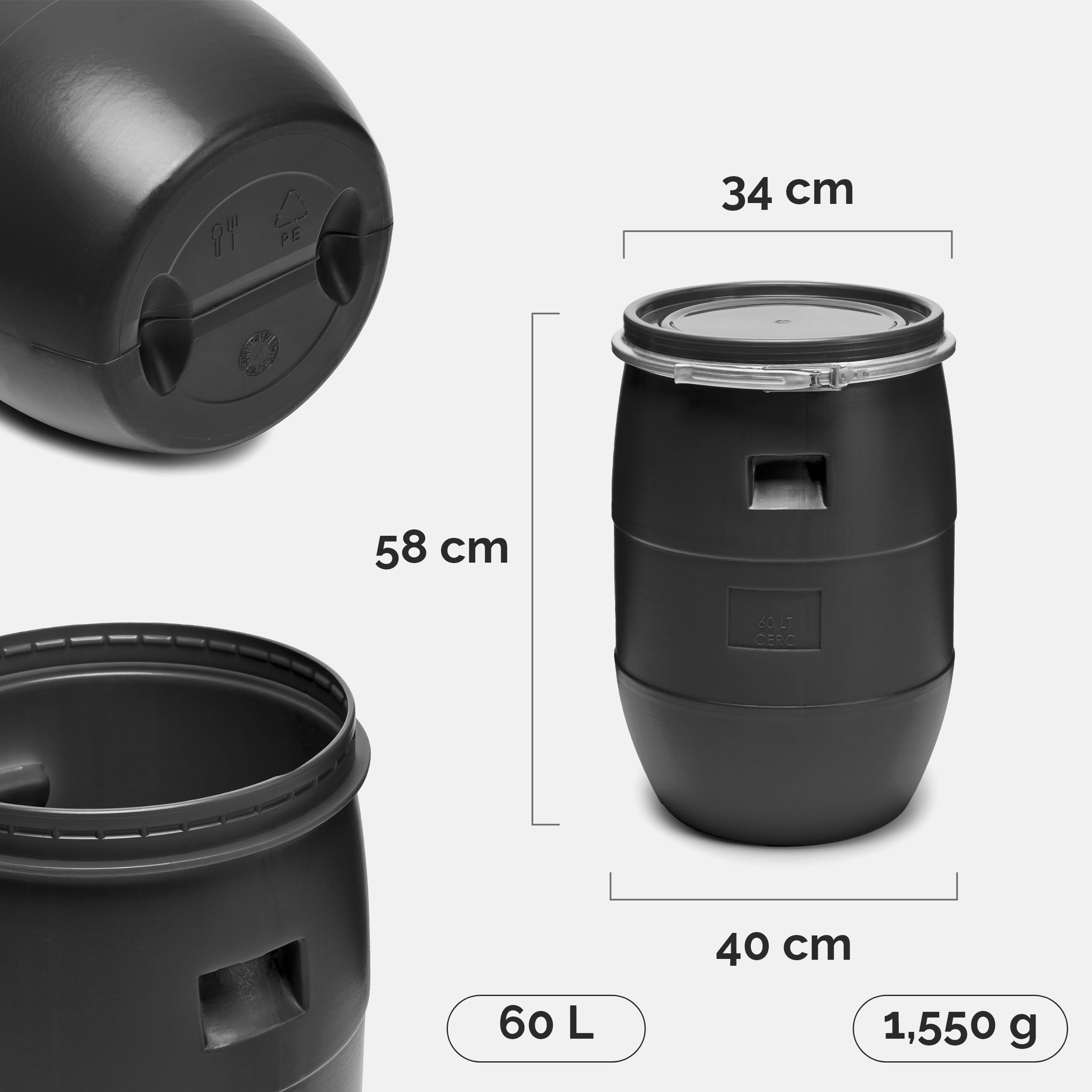 Garronda 60 Liter Deckelfass Weithalsfass aus HDPE Regenfass für Garten Fass 60l Wassertonne Futtertonne Wasserbehälter Universalfass Wasserfass Lebensmittelfass Wassertank GD-0078 Schwarz