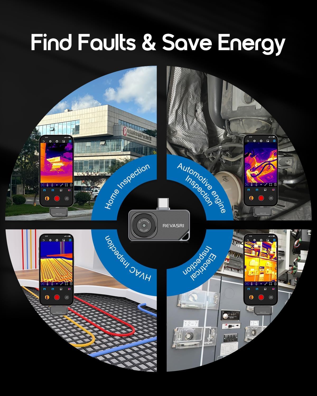 REVASRI Kamera termowizyjna do iPhone'a i Androida, kamera termowizyjna o rozdzielczości 320 × 240 Super IR, zakres temperatur od -15.6 °C do 450.0 °C, kompatybilna z urządzeniami USB-C iOS i Android