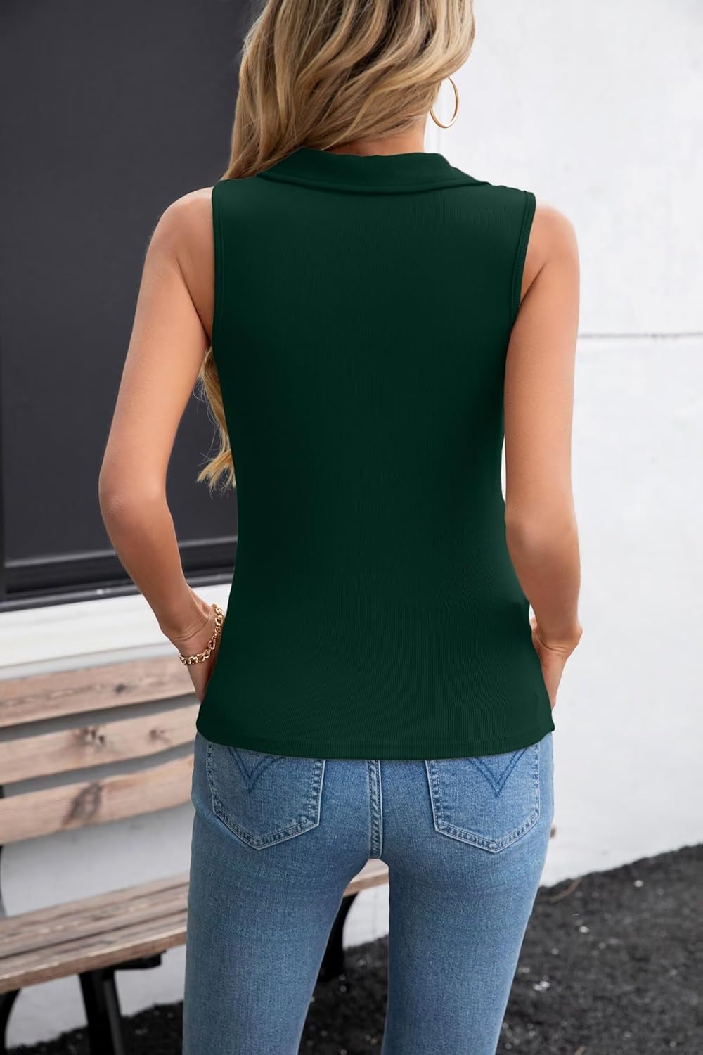 VICHYIE Womens Sleeveless Tank Tops Collared V Neck Slim Fitted Summer Ribbed Knit Tshirt Polo Stretchy Tops Green L - Image 4
