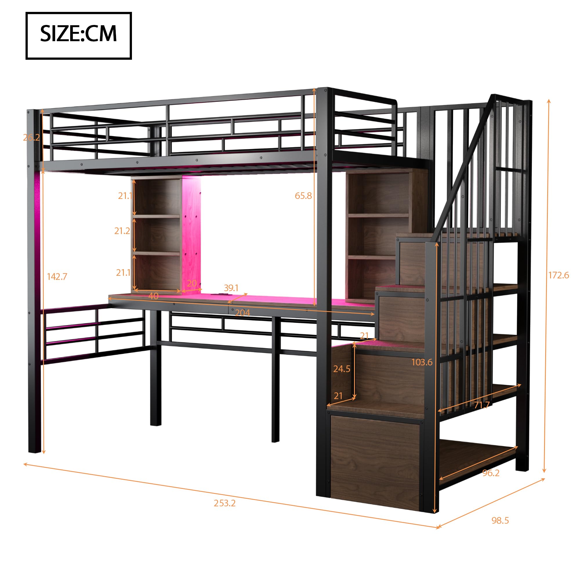Soweiz Letto a soppalco 90 × 200 cm, con scrivania, presa europea e illuminazione a LED, scala di stoccaggio (montaggio a sinistra/destra), alta griglia di protezione, letto singolo, telaio in ferro