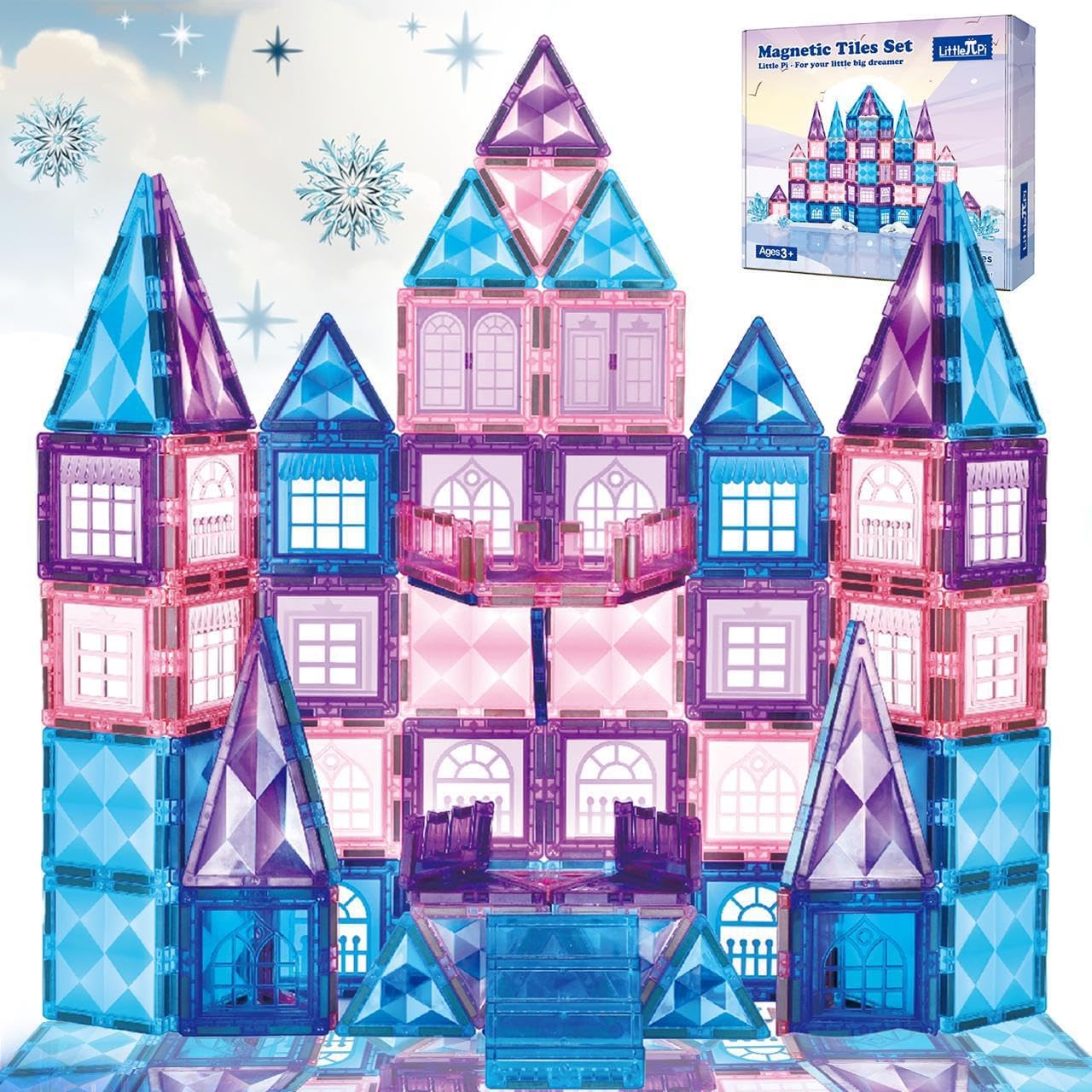102pcs Frozen Princess Castle Magnetic Tiles Building Blocks - 3D Diamond Blocks, STEM Educational Toddler Toys for Pretend Play, 4 Year Old Girl Birthday Gifts Kids Ages 3 5 6 7 8 - Blue