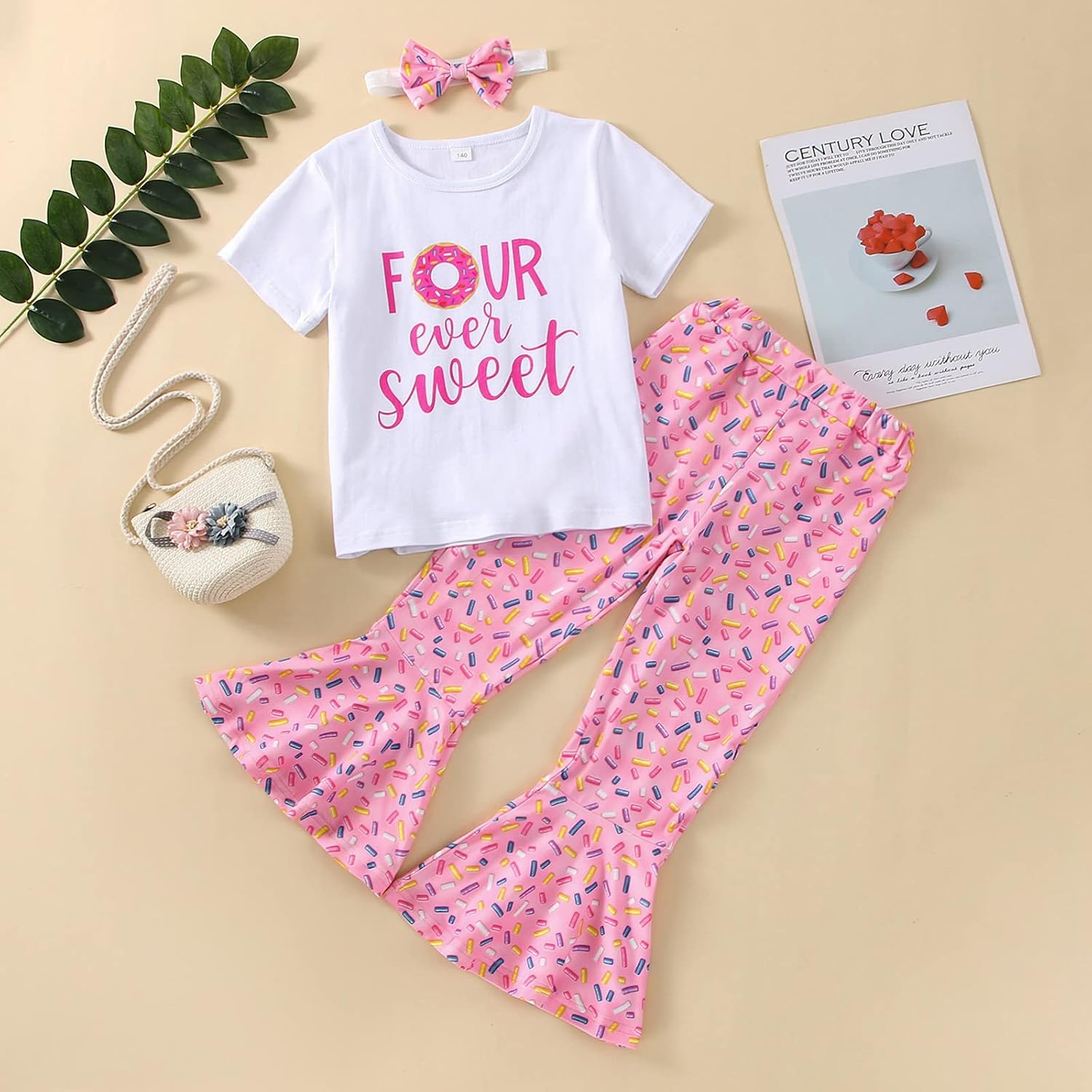 3Pcs Toddler Baby Girls Birthday Outfit 1-5T Sweet/Groovy Short Sleeve Shirts Bell Bottom Headband