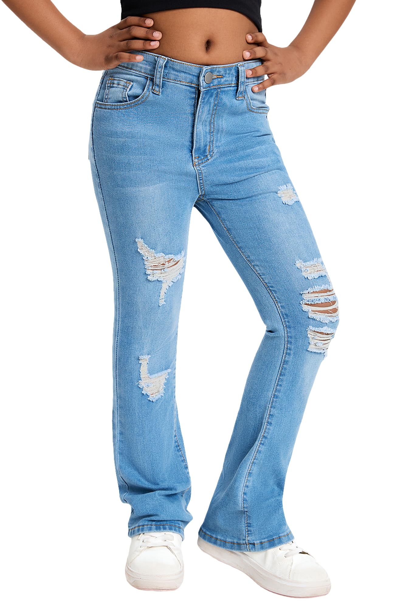 Maeau Jeans svasati per ragazze, pantaloni in denim strappati alla moda, pantaloni slim elasticizzati, per il tempo libero, con elastico in vita e tasche, misto cotone, comfort, taglia 130-160/7-14
