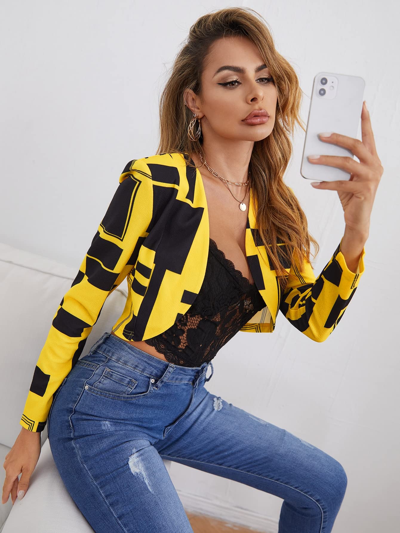 XIALON Womens Jackets Jackets for Women Geo Print Open Front Crop Blazer Lightweight Fashion Color Multicolor Size X-Large
