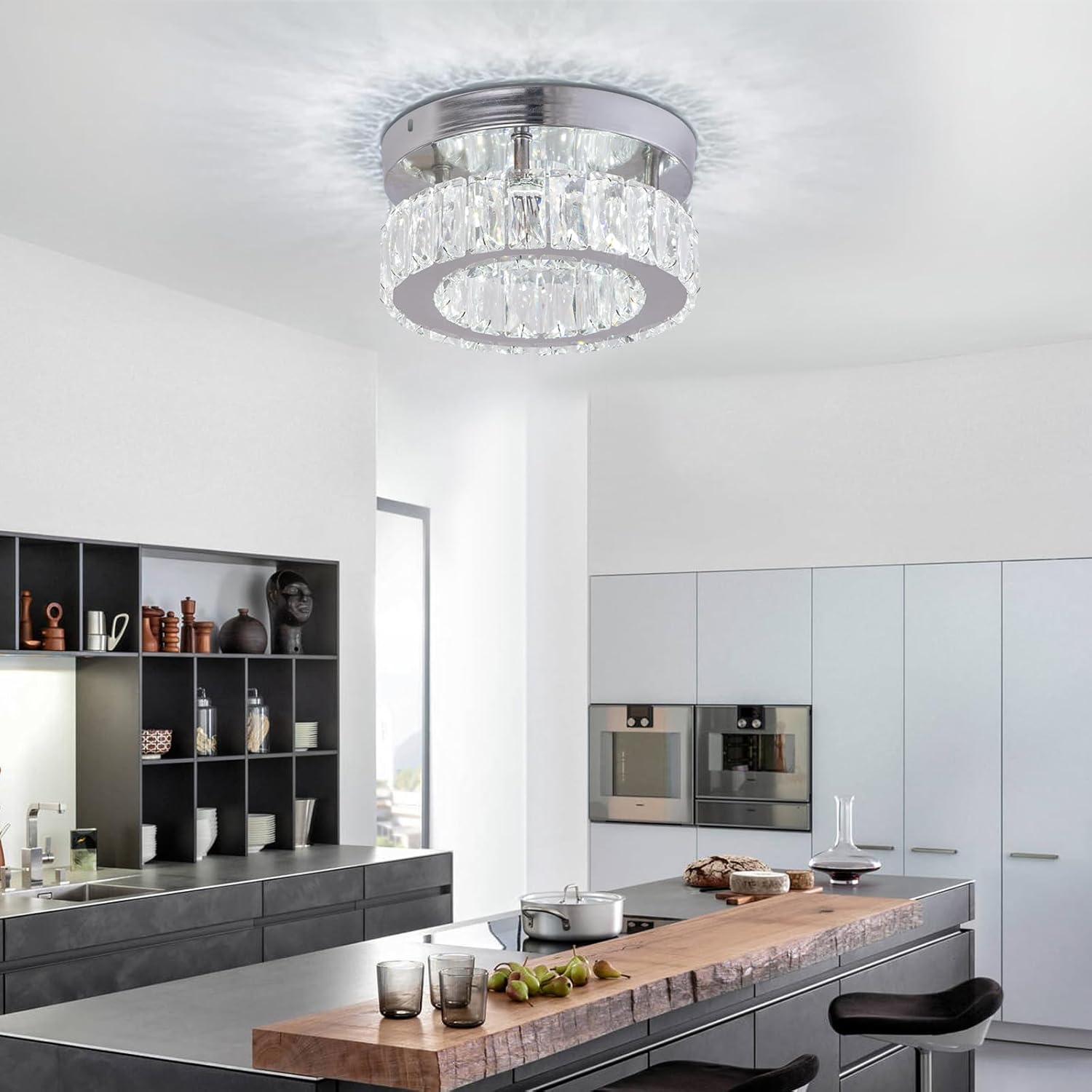 Dimmable Crystal Chandelier Small Flush Mount Ceiling Light Fixture Modern LED Crystal Ceiling Light for Dining Room Bedroom Living Room Hallway…