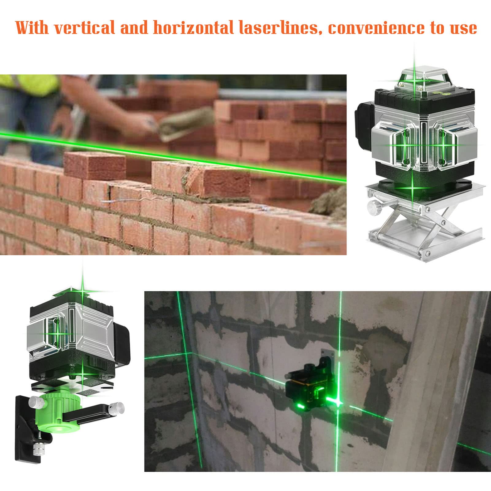 Niveau laser en 4 x 360° 4D 16 Lignes Auo-équilibrage du Niau Laser Vert Rotatif Outil de Niveau Vertical Horizontal avec d'auto-Nivellement IP54 Batteries Rechargeables