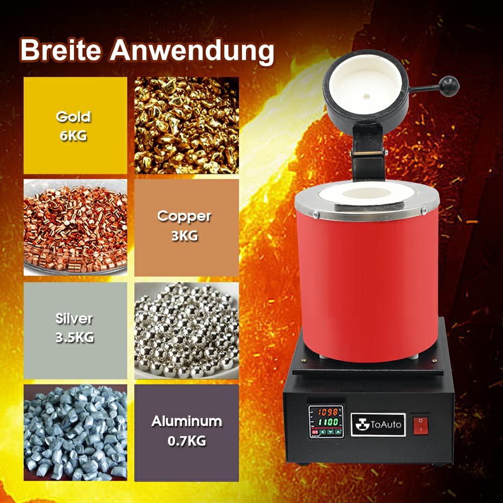 TOAUTO 3KG Digitale Schmelzofen 1400W 2000F, Automatischer Schmelzofen Kit mit Graphittiege und Graphit Barrenform, Schmelz Silber, Gold, Kupfer, Aluminium