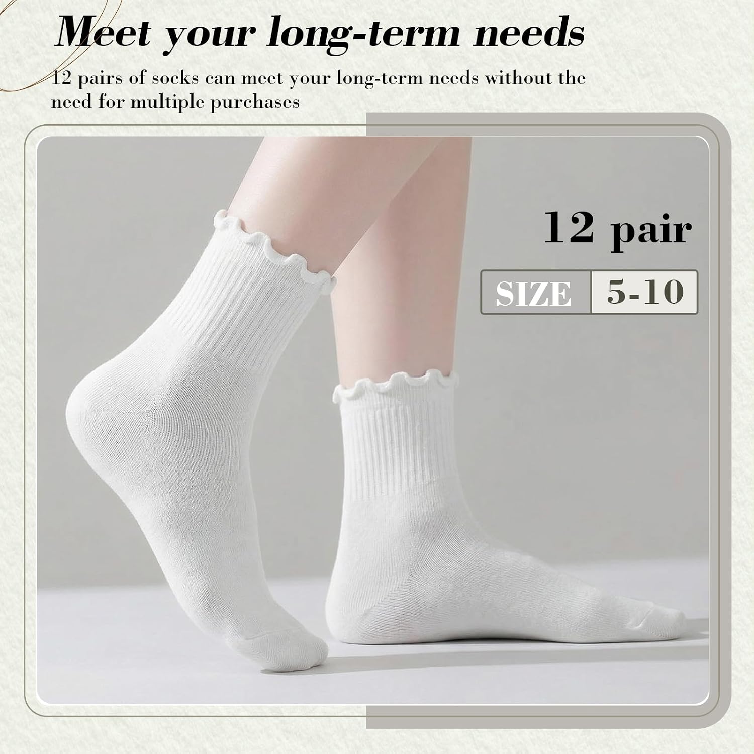 Mepase 12/18 Pair Ruffle Crew White Socks Women Ruffle Casual Women's Crew Sock Soft Above Ankle Sock Athletic Sock Size 5-10