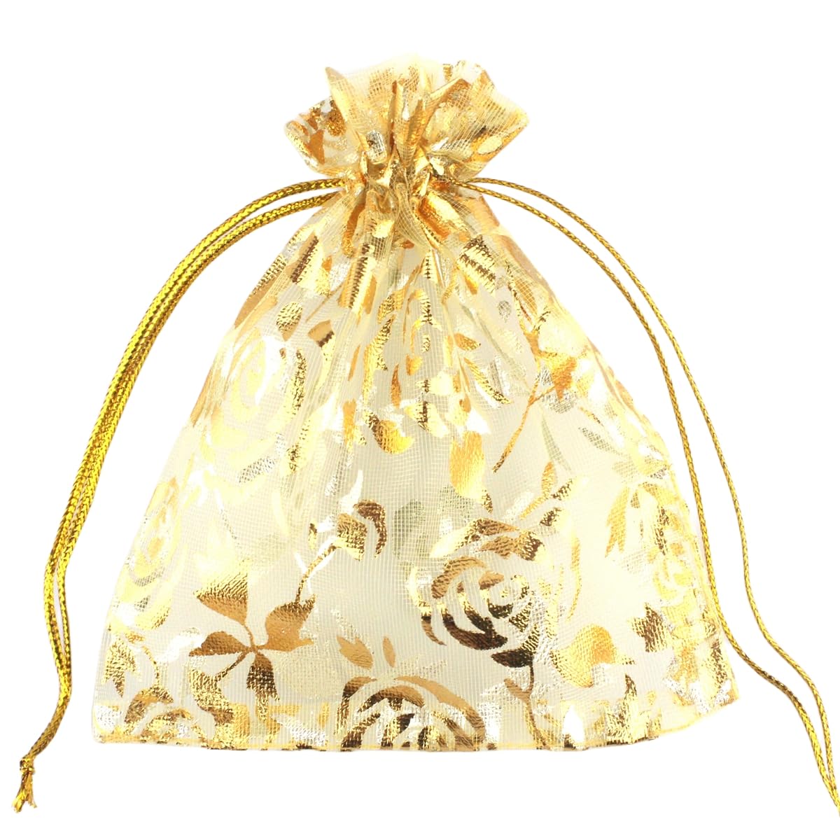 QIANHAILIZZ 100 pcs 3.5 x 4.7 Inch Flower Heart Organza Jewelry Gift Pouch Candy Pouch Drawstring Wedding Favor Bags X92 (gold gold flower)