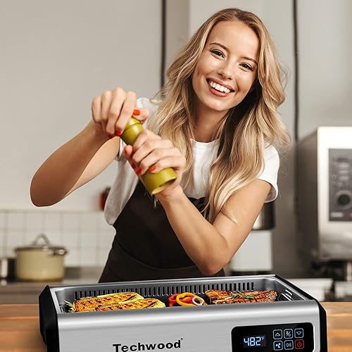 Miniatura 5 de Techwood - Parrilla sin humo para interiores con tapa de vidrio templado de 1500 W y panel de control inteligente LED, barbacoa coreana de control