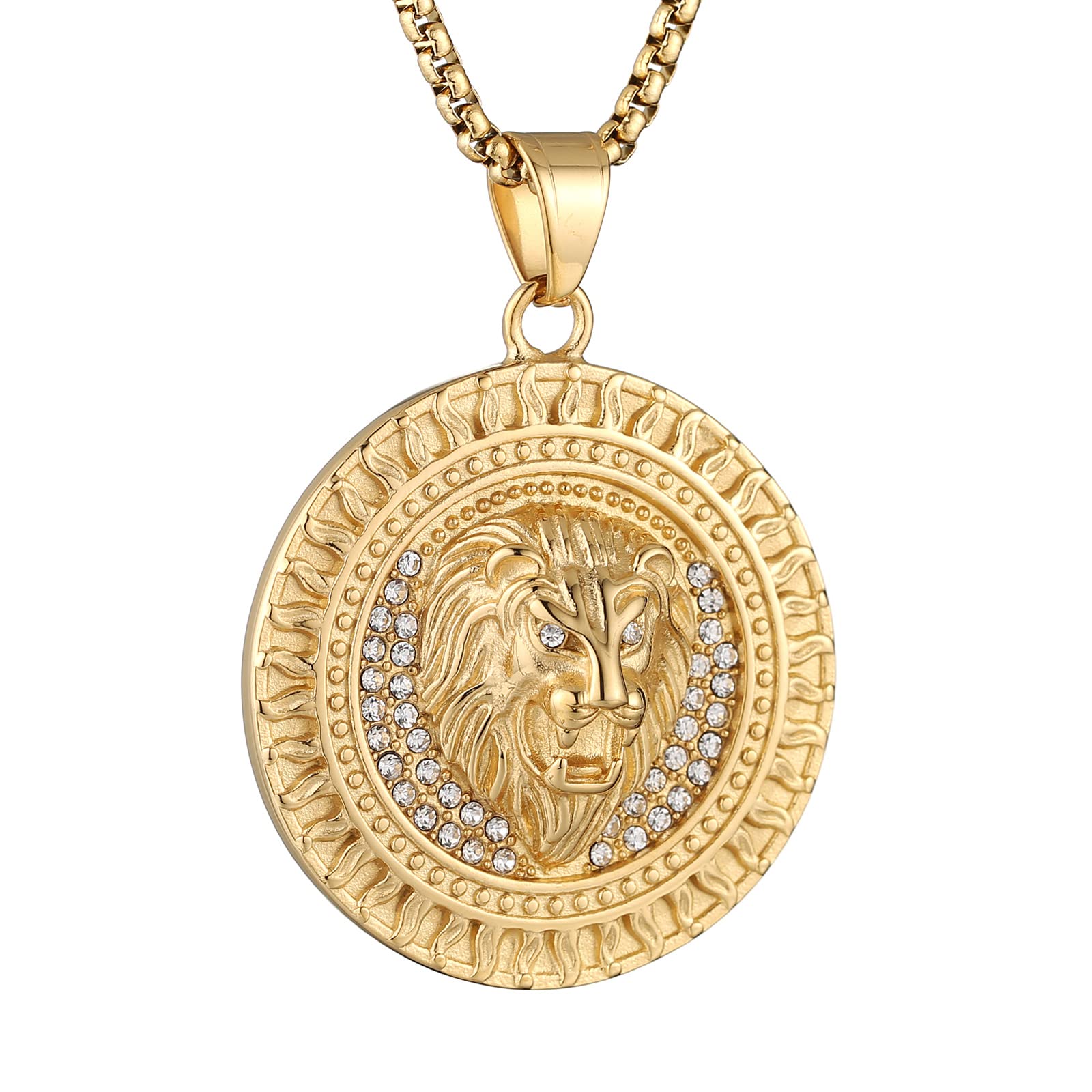 18K Gold Plated Lion Head Necklace Pendant for Men Stainless Steel Hip Hop Rock Lion King Necklaces Charm Animal Amulet Jewelry