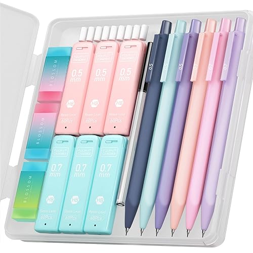 Four Candies Cute Mechanical Pencil Set, 6PCS Pastel Mechanical Pencils 0.5 & 0.7mm with 360PCS HB Leads, 3PCS Erasers and 9PCS Eraser Refills, Aesthetic School Supplies for Girls Writing - 0.5 + 0.7 mm