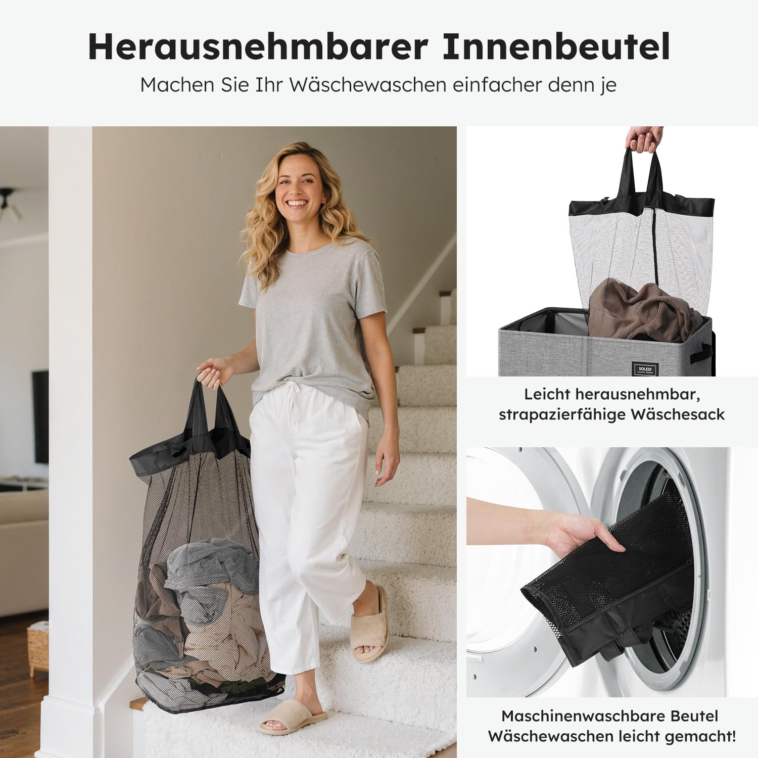 SOLEDI 180L Wäschekorb mit Deckel, Wäschesammler 2 Fächer mit 2 Seitentaschen, Laundr Baskets mit 2 Wäschesack, Wäschesortierer Groß XXXL für Badezimmer, Schlafzimmer, Waschküche