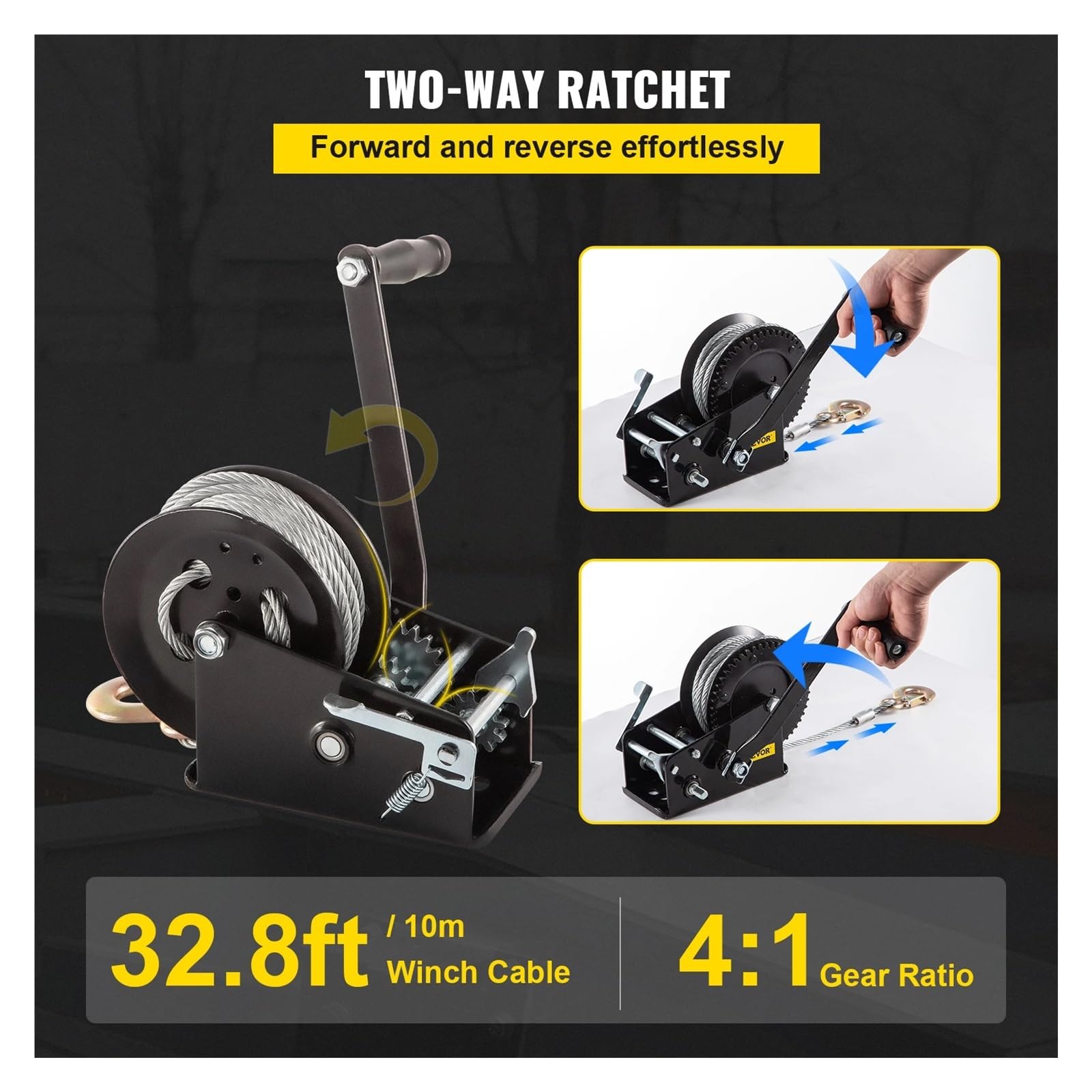 wciągarka ręczna, Heavy Duty Hand, Wciągarka ręczna 2-biegowa dwukierunkowa zapadkowa 3500 funtów 6 mm x 10 m stalowa lina i hak czarny