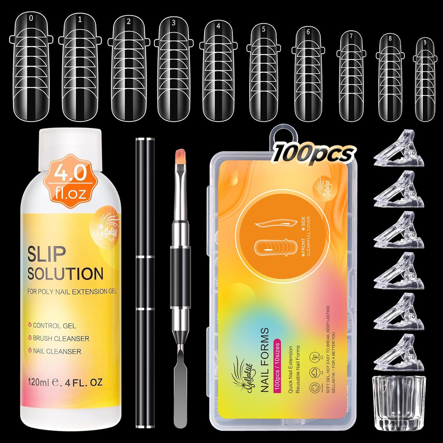 GELLAKTIK 100Pcs Nail Forms Kit, 10 Sizes Reusable Dual nail Forms for Poly Gel & Builder Gel, 120ml Slip Solution Liquid, 6 Clips, Dual-Ended Brush,