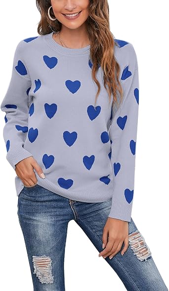 shermie Womens Cute Hearts Knit Sweater Long Sleeve Crew Neck Pullover Sweaters