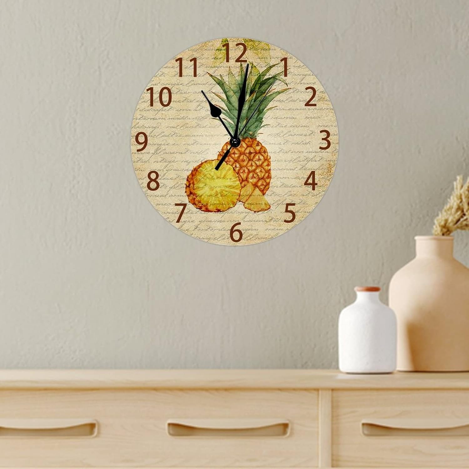 Funny Pineapple Wall Clock Battery Operated Silent Non Ticking Round Wooden Clock Rustic Country Kitchen Clock Summer Beach Theme Wall Decor for Home Bedroom Living Room 15 Inch