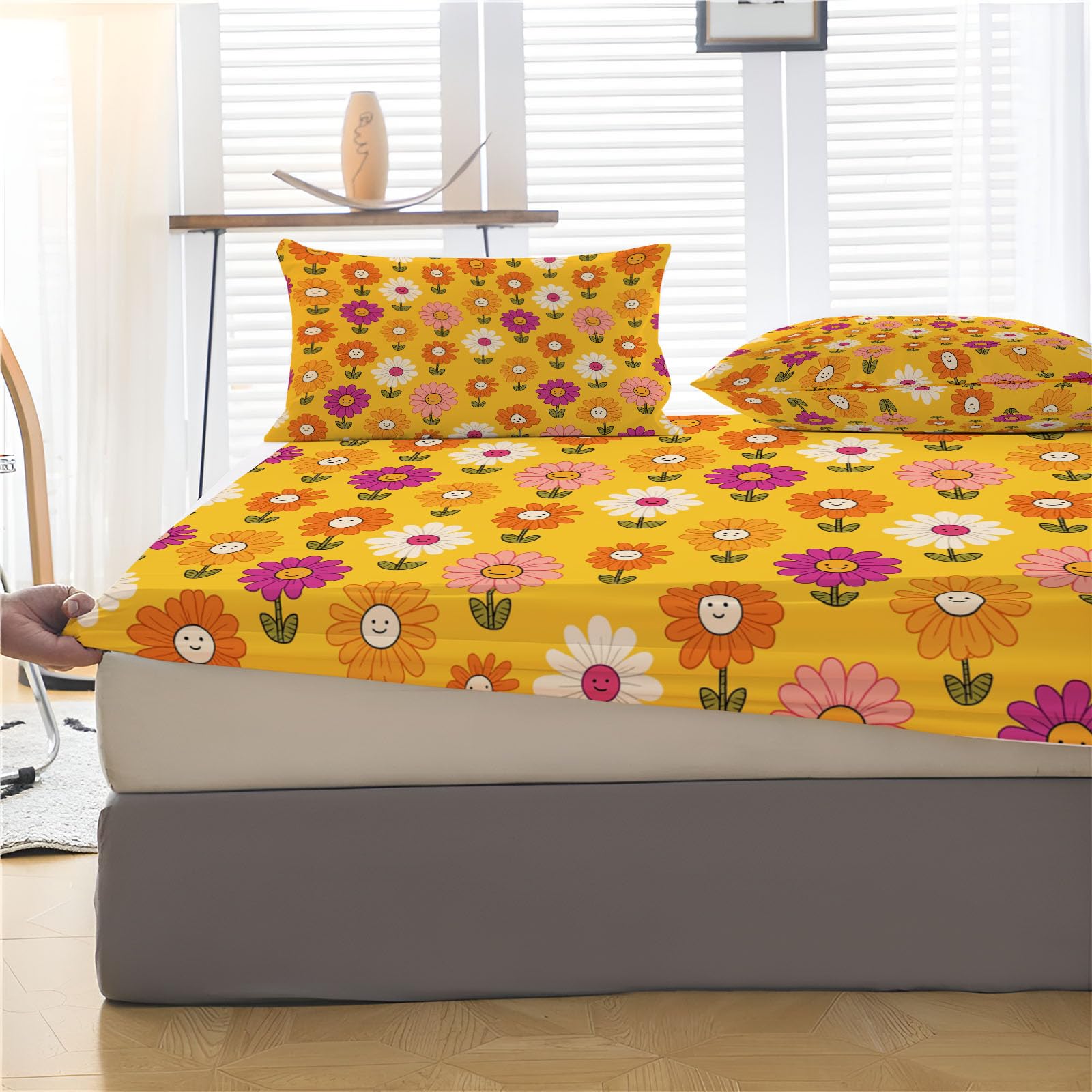 Sábanas 200X190/200Cm - Juego De Sábanas 3 Piezas Estampadas Flores Dibujos Animados - Microfibra Suave Transpirable - Sábana Bajera Ajustable - Ropa De Cama Plantas Interesantes (Naranja Cítrica)