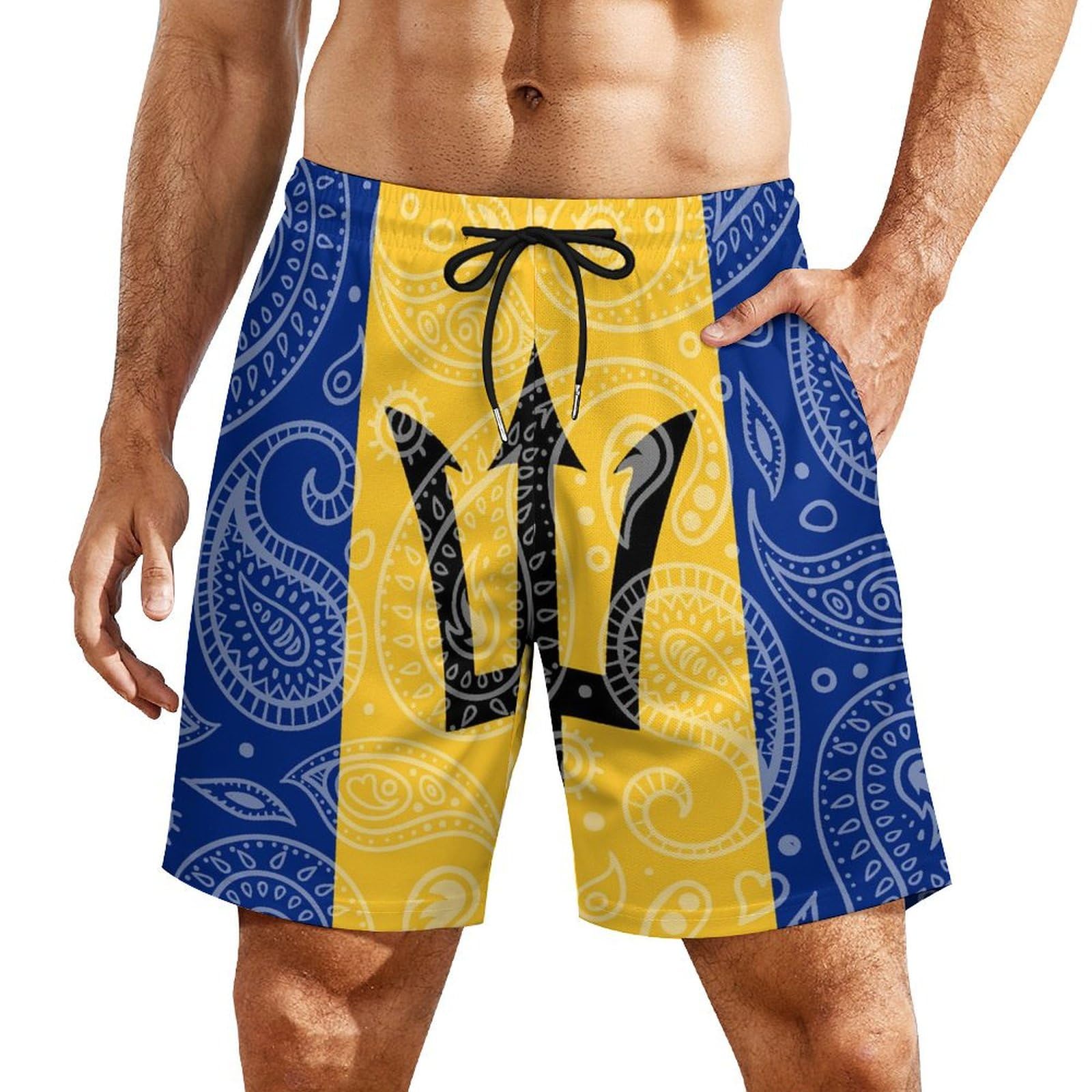Mushroom068 Paisley and Barbados Flag Mens Beach Shorts Quick Dry Sport Swim Trunks Compression Liner Beach Pants