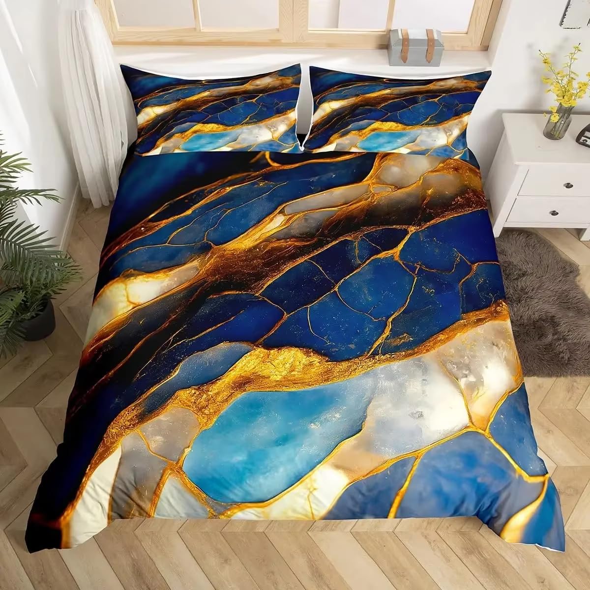 Housse de couette en marbre texturé bleu et or avec taie d'oreiller, parure de lit 240x220