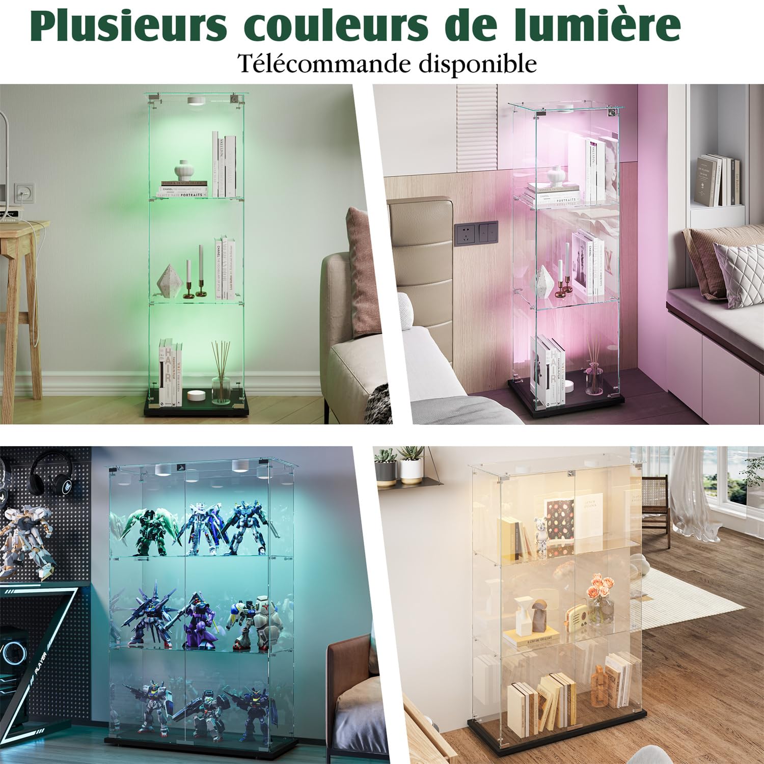 Vitrina de cristal con LED, vitrina expositora con 3 estantes de cristal, vitrina de salón moderna con 2 puertas y cerradura, vitrina expositora para coleccionismo (negro, 3 Etagen 2 Tür+LED-A)