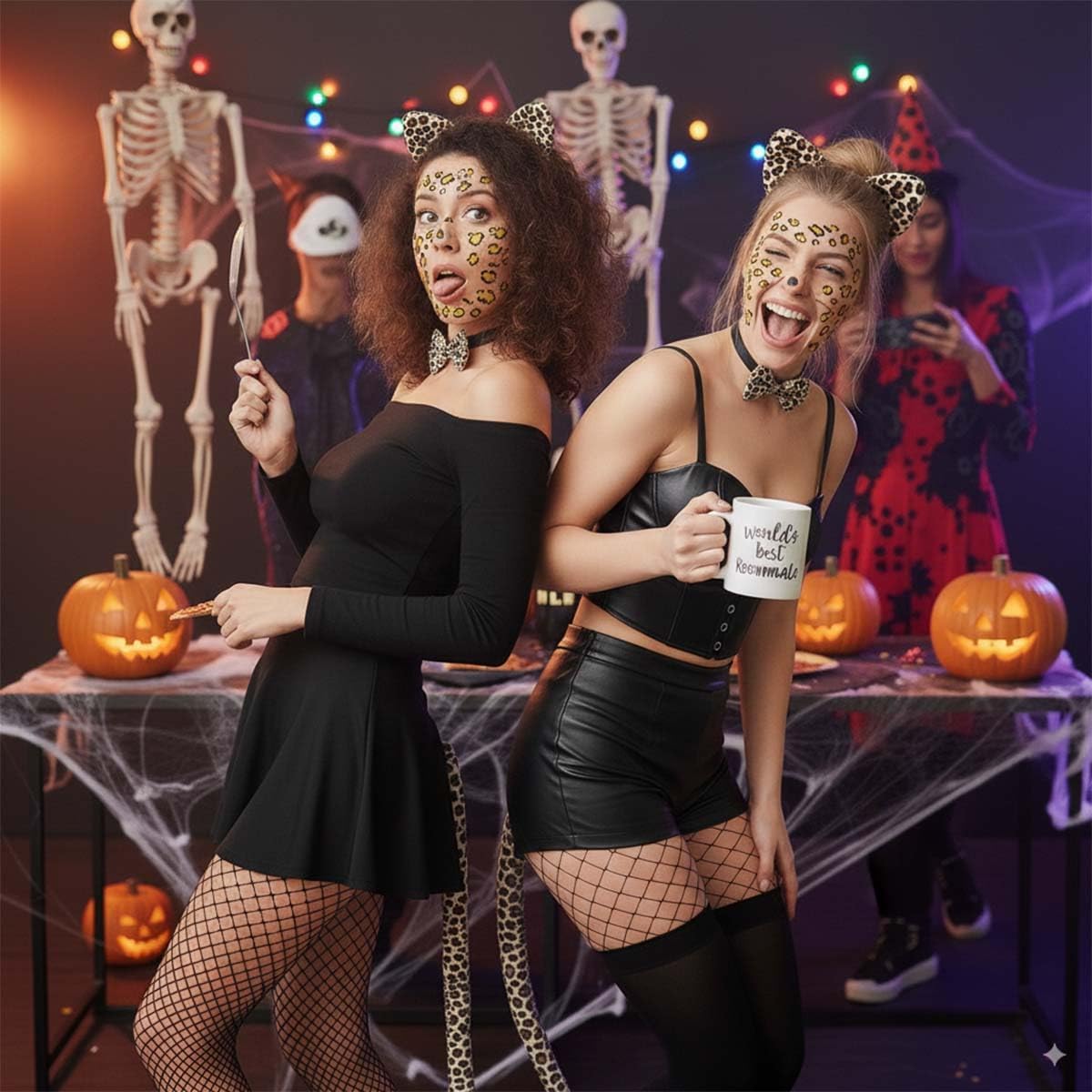 Leopard Cheetah Ears and Tail Cheetah Costume Women Leopard Ears Headband with Stickers Halloween Headband Cosplay Set - Image 6