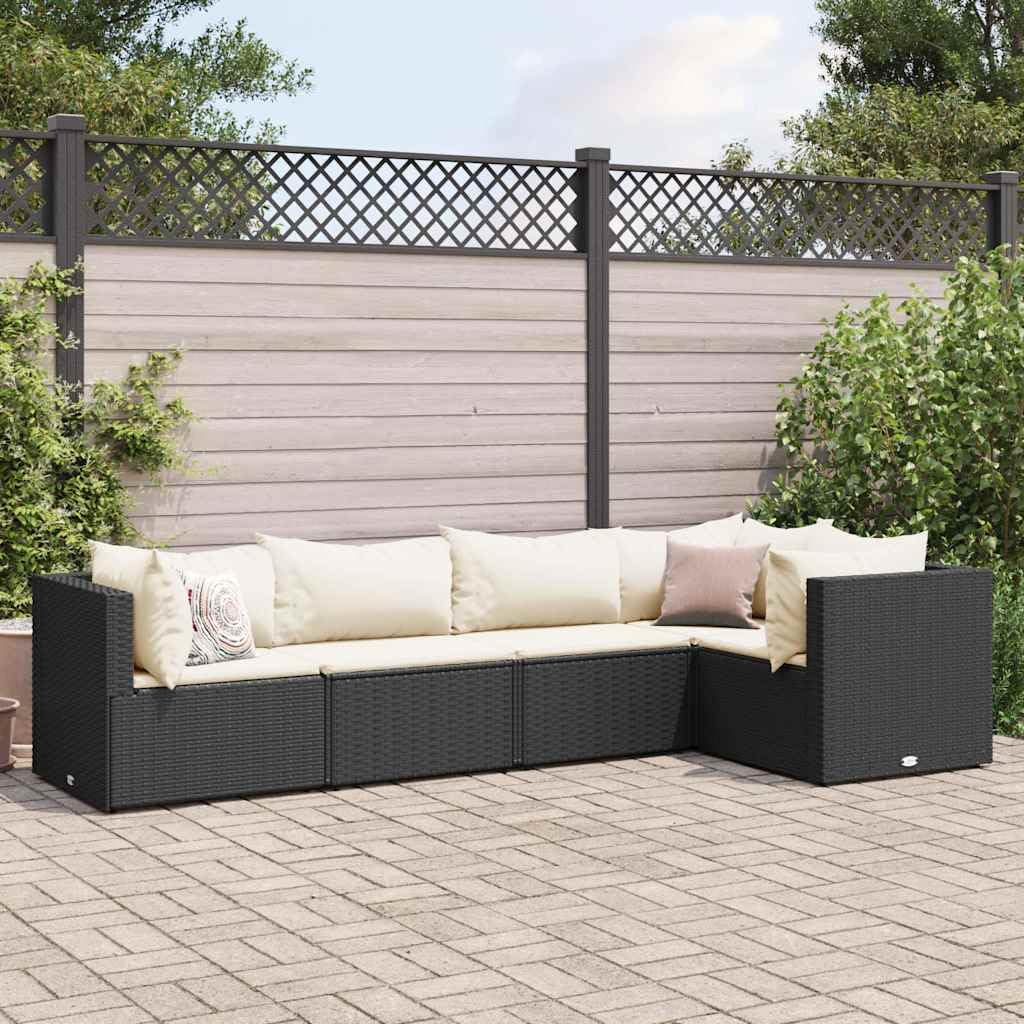 5-Piece Modular Patio Lounge Set in Black and Cream, Modern Outdoor Furniture with UV Resistant Poly Rattan and Weather Resistant Cushions for Garden, Balcony, Terrace