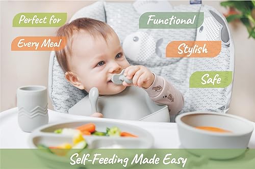 Miniatura 5 de Juego de alimentación de silicona para bebés, suministros de destete para bebés, plato de succión y tazón, cuchara y tenedor de autoalimentación, 2