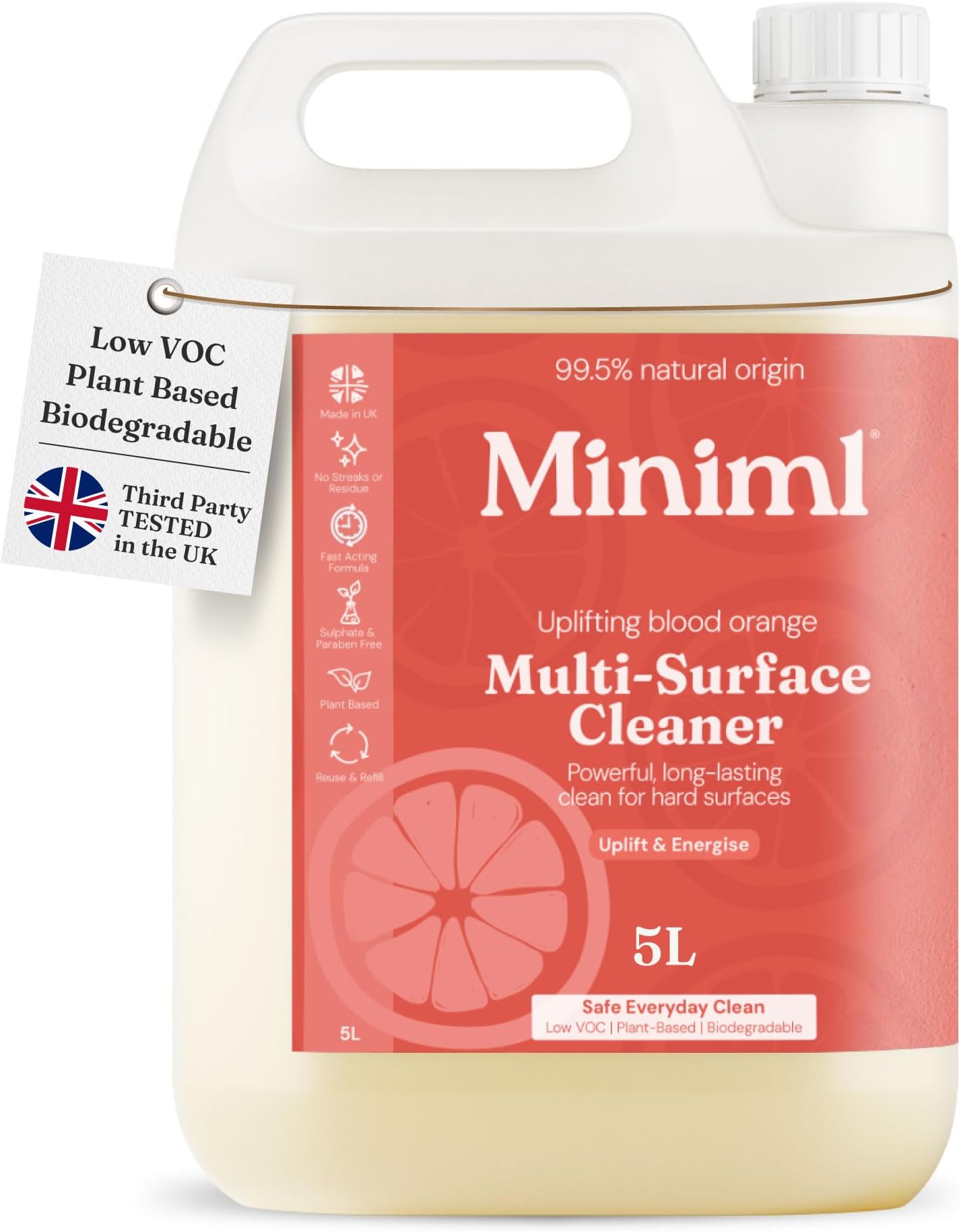 Miniml Eco Multi Surface Cleaner General Purpose Spray 5L Refill – Blood Orange Scented for Cleaning All Surfaces Floors Walls Glass Kitchen Bathroom - Natural Plant Based Vegan Formula & Cruelty Free