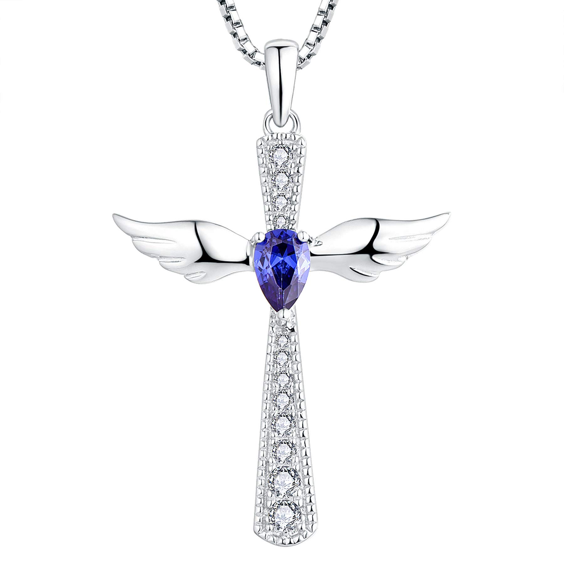 Cross Angel Wing Necklace 925 Sterling Silver 12 Birthstone Cubic Zirconia Guardian Angel Pendant for Women,Chain 45+3CM