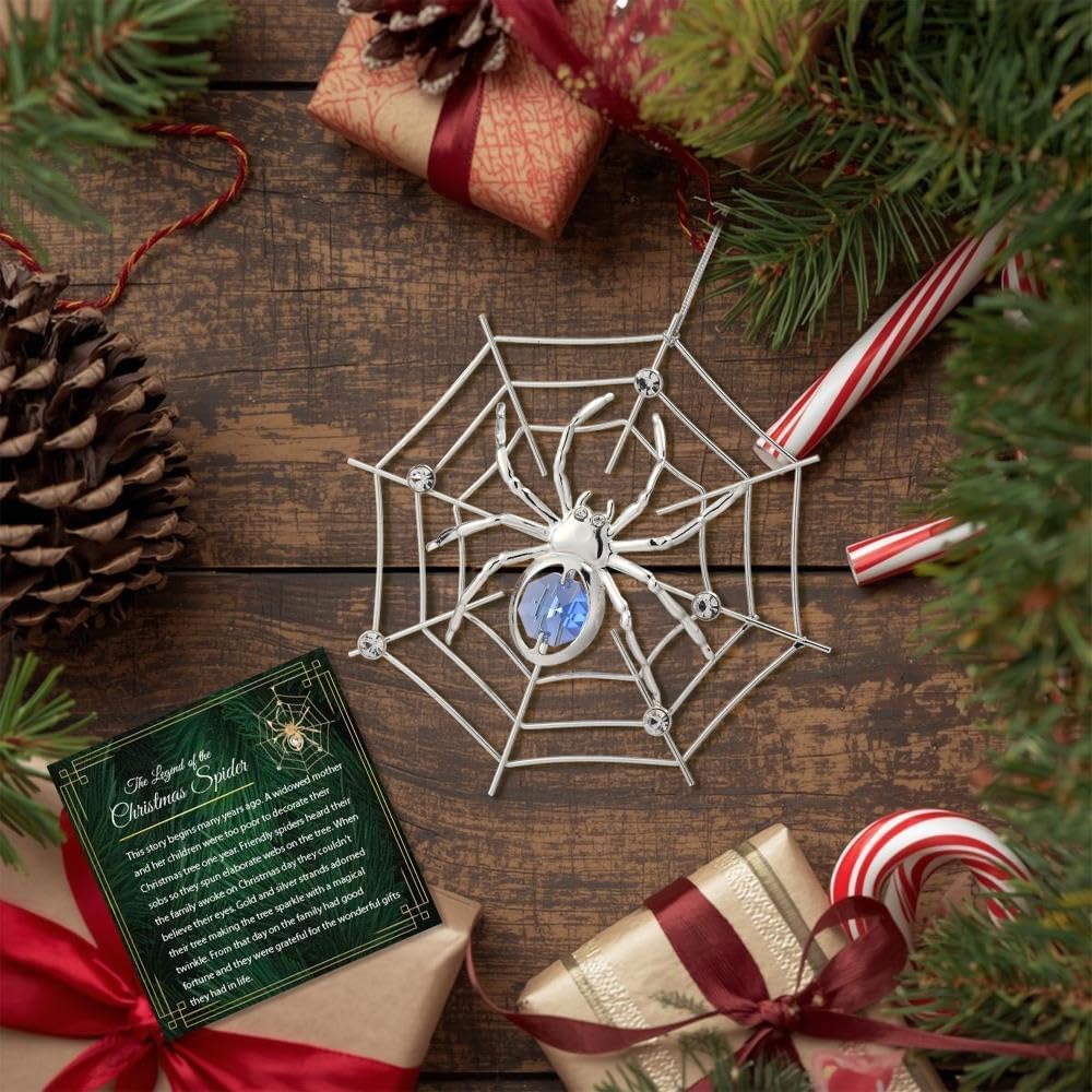Matashi Silver Plated Christmas Tree Spider Ornament w Blue, Clear Crystals Lucky Hanging Decoration, Holiday Ornament Gift, Unique Spider Decor for Christmas & Halloween Party w Tinsel Legend Story - Image 8