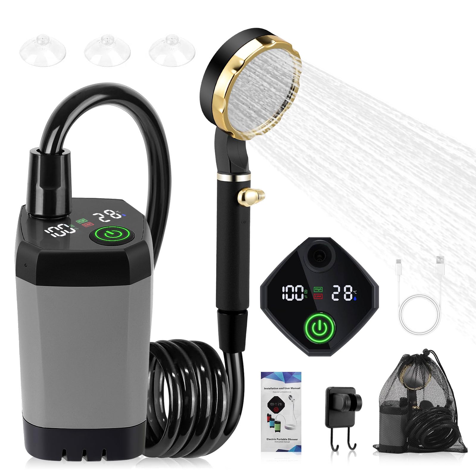 Portable Camping Shower, 7800mAh Rechargeable Electric Shower for Camping, IPX7 Waterproof Outdoor Shower Pump with LED Smart Display, 2m Hose, Storage Bag, Multiple Spray Mode,Hook for Hiking, Travel