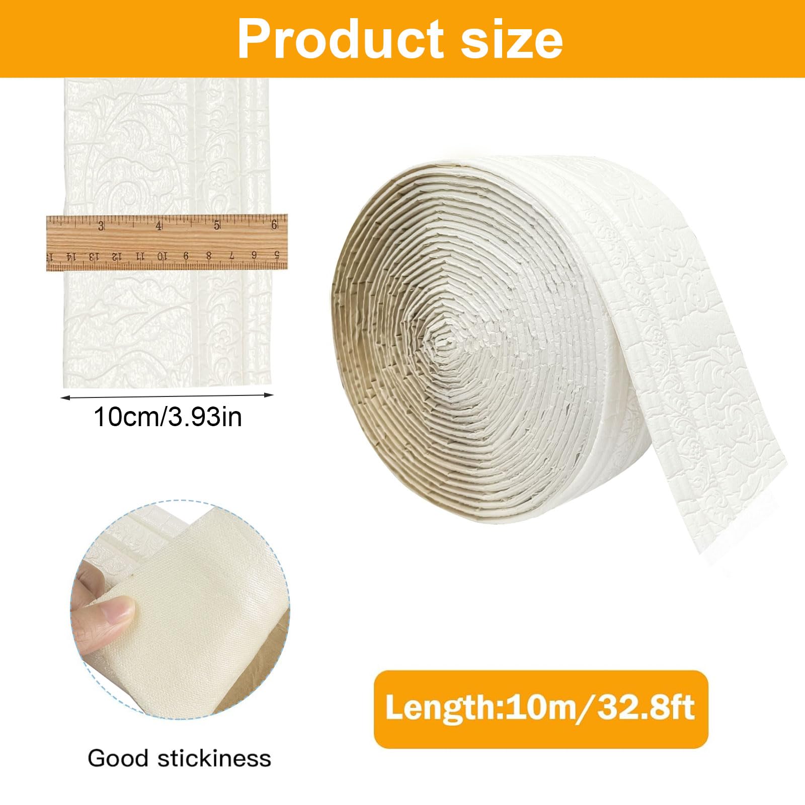 Moulures décoratives autocollantes blanches 10 m x 10 cm x 5 mm, bordure autocollante imperméable, moulures en stuc, bordure autocollante, blanche, convient pour les couloirs, les
