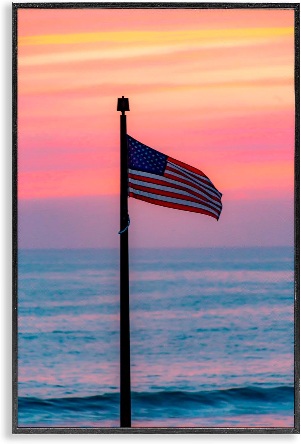 USA Flag Sunset Ocean Scenic, 12 x 18 Inch Framed Giclée Print | Stupell Industries · By Jeff Poe Photography · Ready to hang · Great for living room or lounge · Made in USA