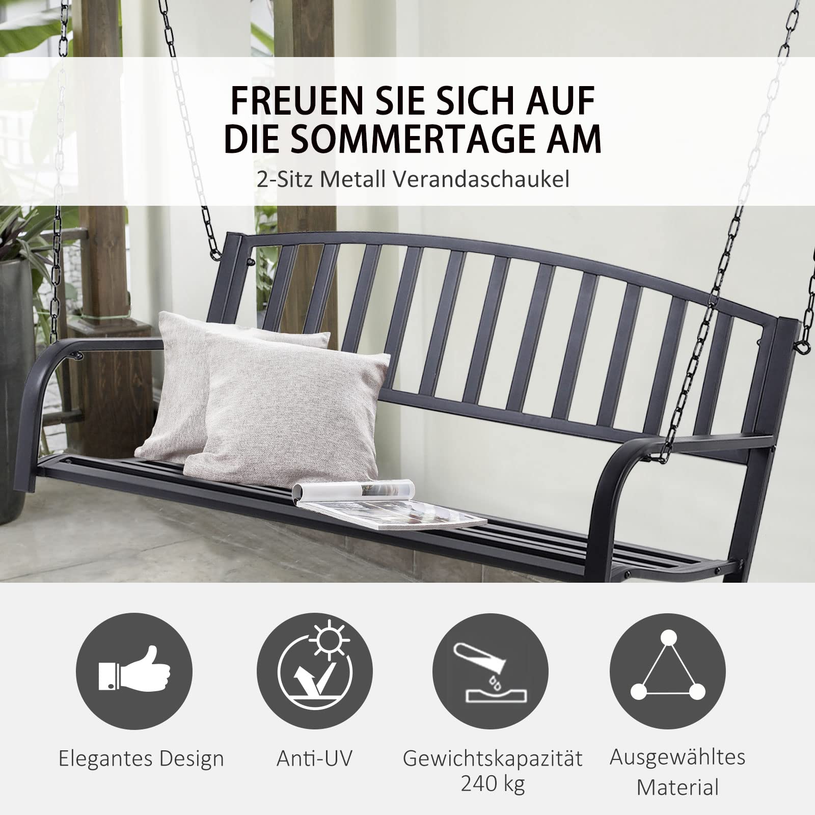 Outsunny Hängebank 2-Sitzer Gartenschaukel Schaukelbank Hollywoodschaukel Schwebebank mit Ketten Metall Schwarz 127 x 60 x 53 cm