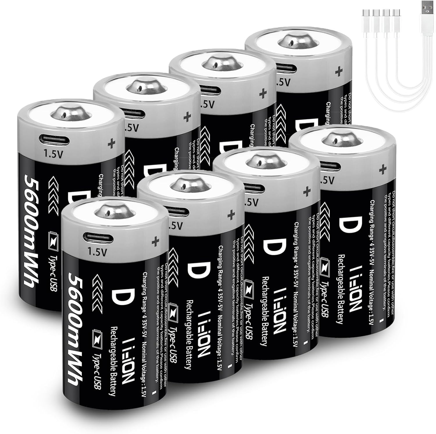 Rechargeable Lithium D Batteries with 4-in-1 Charging Cable - 1.5V 5600mWh Lithium D Cell Batteries 8 Pack, D Size Batteries 1000 Cycles for Flashlight, Water Heater, Gas Stove (8 Pack)